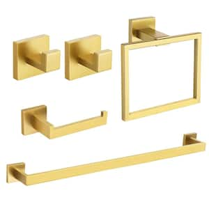 Square 5-Piece Bath Hardware Set with 24 in. Towel Bar Set Hand Towel Holder Towel/Robe Hook in Gold