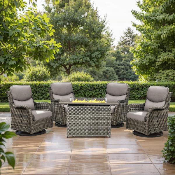 Gymojoy Carolina 5-Piece Gray Wicker Outdoor Fire Pit Table with Swivel  Chair Gray Cushions 2GM-SS24145-2XL