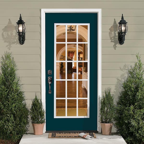 32 in. x 80 in. 15 Lite Left Hand Inswing Painted Steel Prehung Front Exterior Door with Brickmold