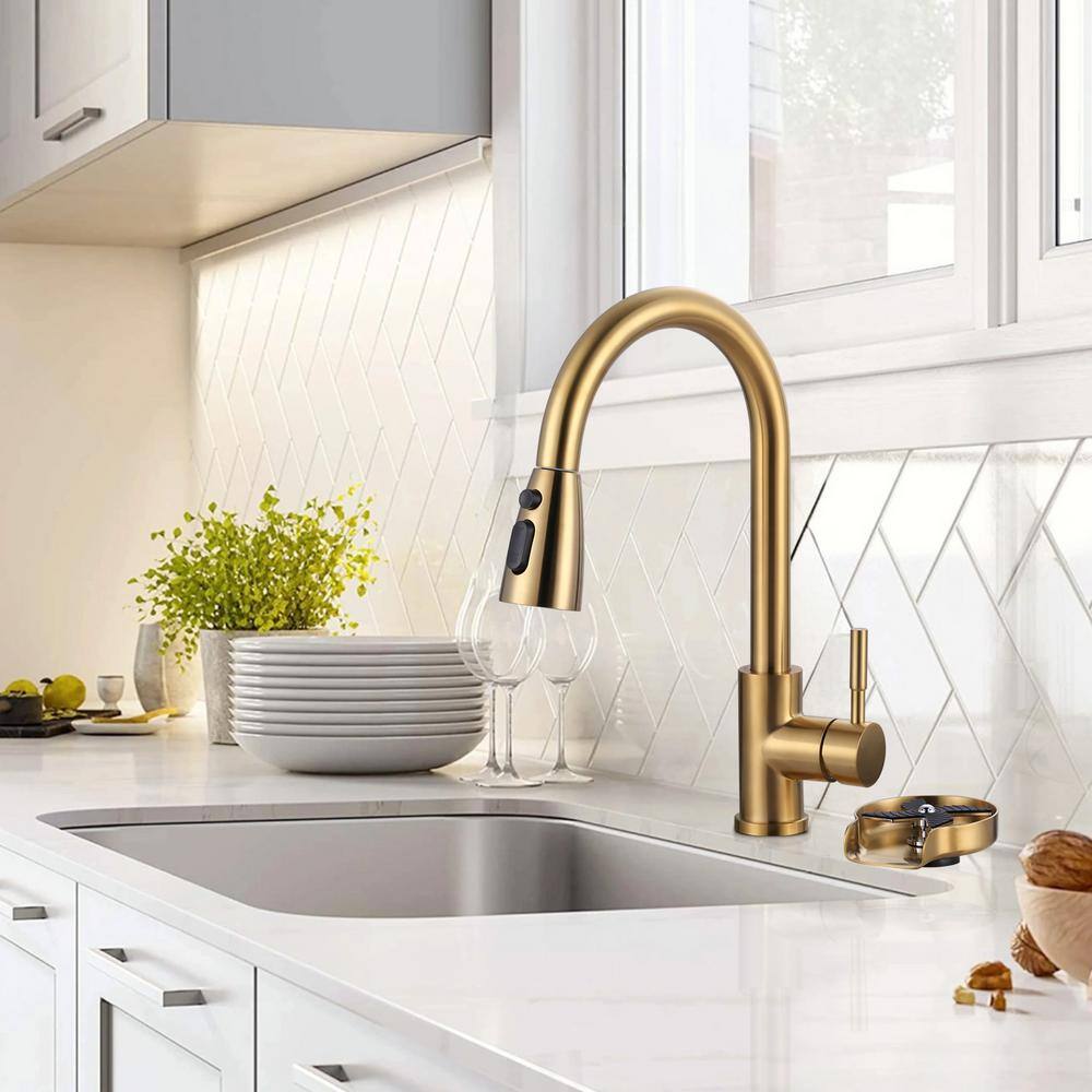 Brushed Gold Stainless Steel Pull-Down Kitchen Faucet with Deckplate