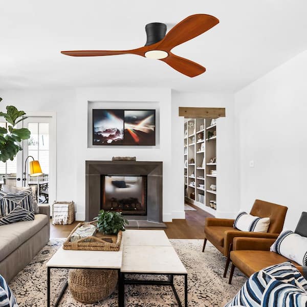 52 in. Wood Smart Outdoor Indoor Black Flush Mount Ceiling Fans w/Lights Remote,WIFI Alexa App workable,Quiet DC Motor