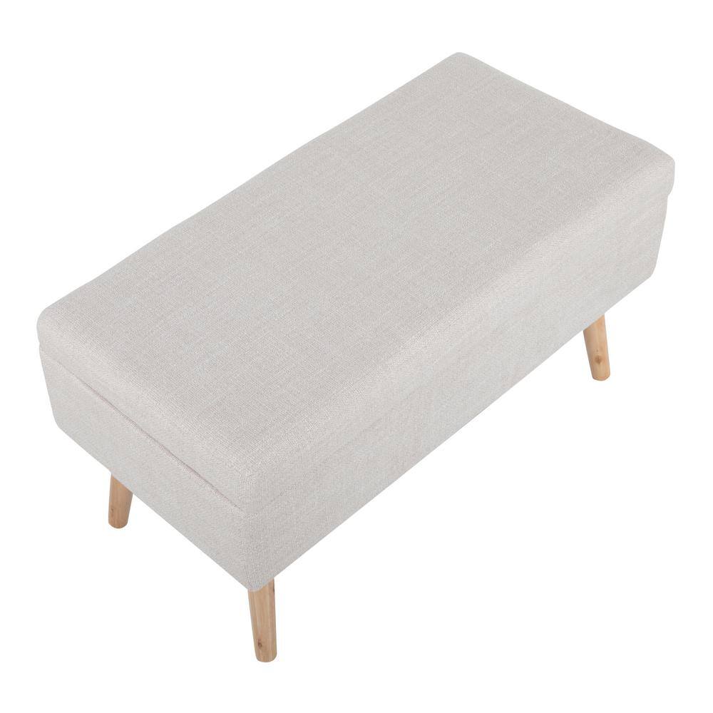 Beige Linen Upholstered Storage Bench with Natural Wood Legs