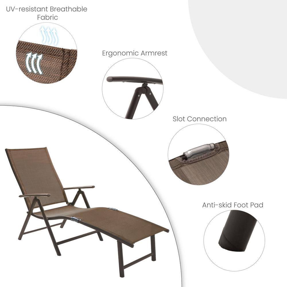 Brown Aluminum Outdoor Folding Chaise Lounge with Textilene Fabric