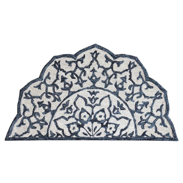 LR Home Brenna Modern Denim Blue/White 2 ft. 3 in. x 3 ft. 10 in. Hearth Mosaic Medallion Wool Area Rug