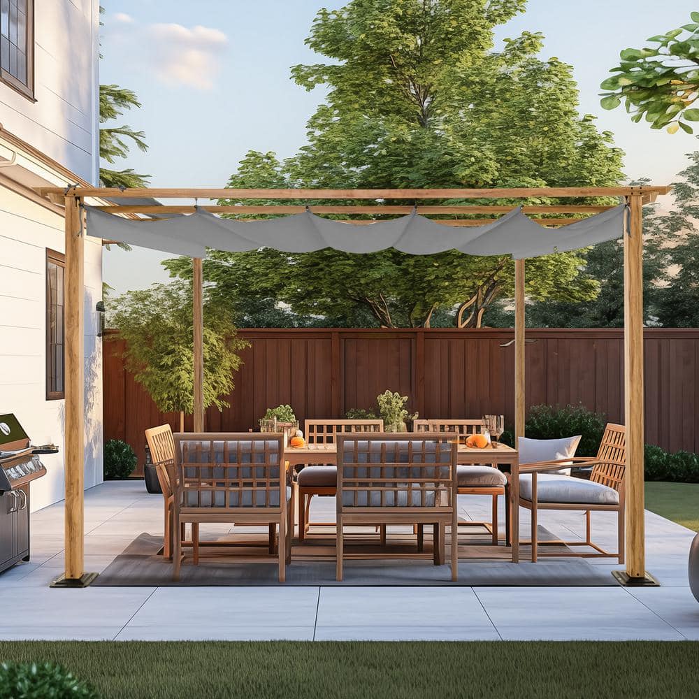 12' x 12' Woodgrain Aluminum Pergola with Gray Canopy