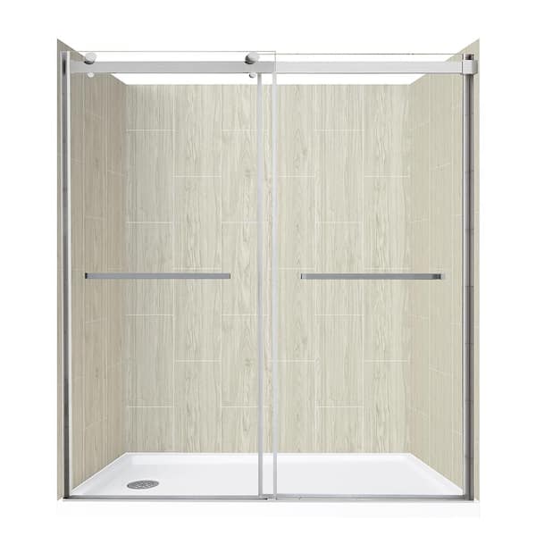 CRAFT + MAIN Lagoon Dbl Roller 60 in Lx 30 in W x 78 in H Left Drain Alcove Shower Stall Kit in Driftwood and Brushed Nickel Hardware