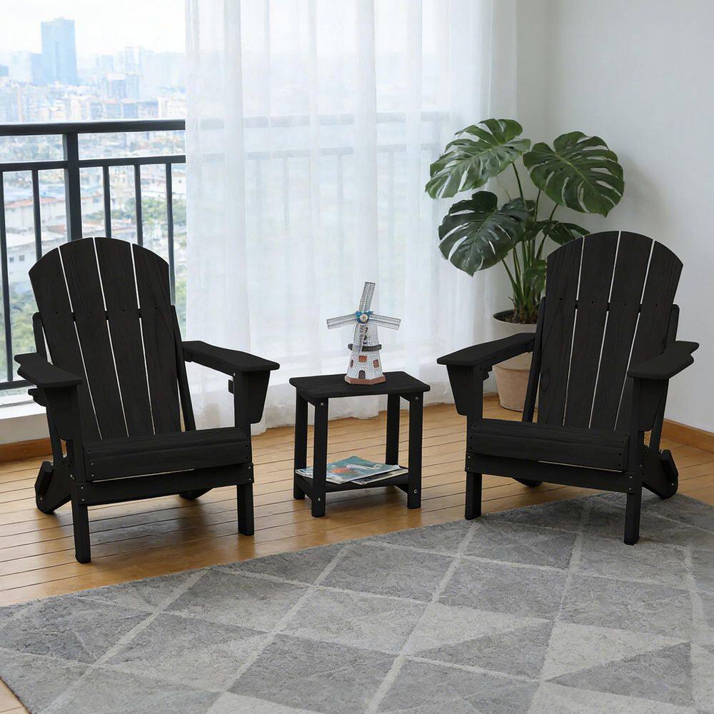 Black Folding 3-Piece HDPE Wood Texture Patio Conversation Adirondack Chair Set with Side Table price history on PriceWatchPro