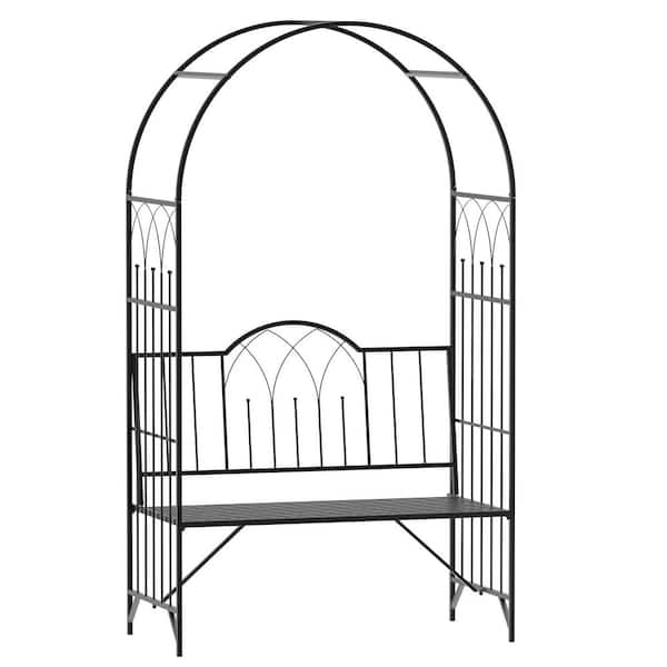 ECOCHIC SPACES INC New Charming Black 80 in. x 45.25 in. Metal Arch Arbor Trellis with Bench for Climbing Plants and Patio Decor