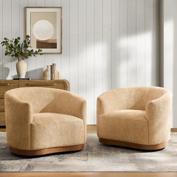 Elda Camel Polyester Armchair (Set of 2) with Curved Backrest and 360° Swivel Base