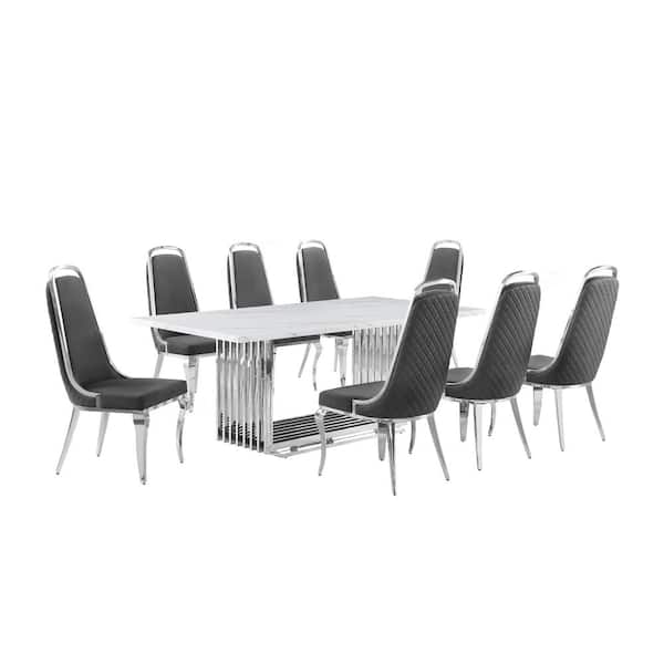 Best Quality Furniture Lisa 9-Piece Rectangle White Marble Top Stainless Steel Base Dining Set with 8-Dark Grey Velvet Chrome Iron Chairs