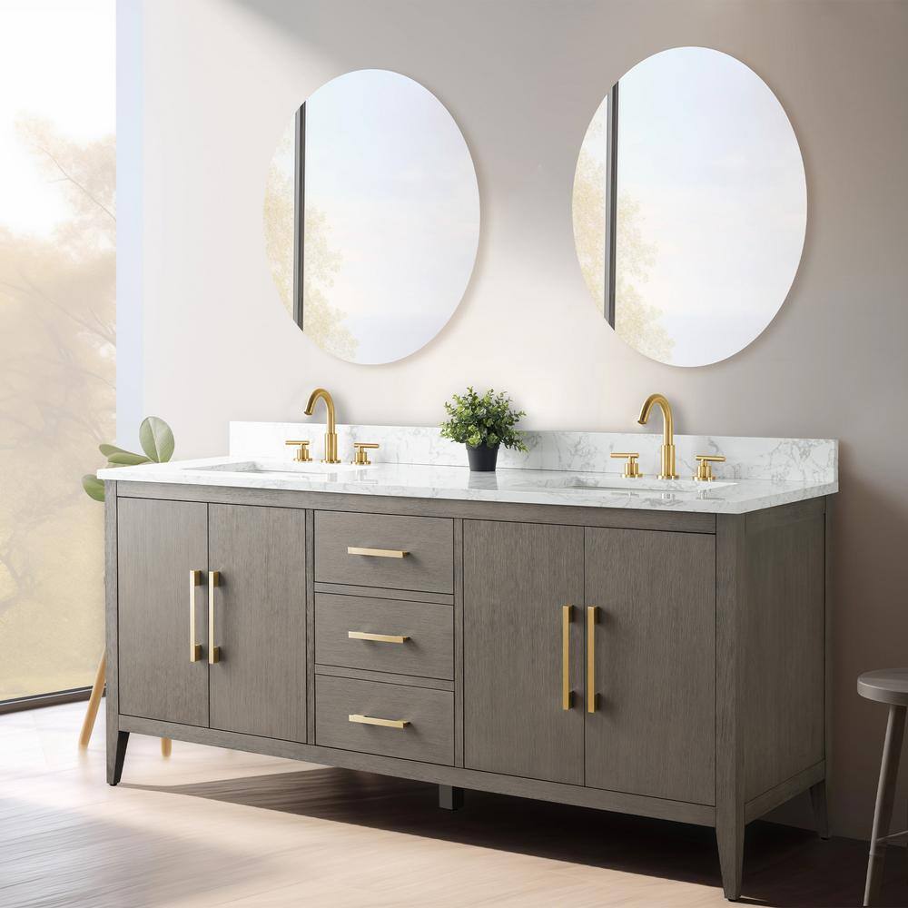 72'' Driftwood Gray Double Bathroom Vanity with Marble Top