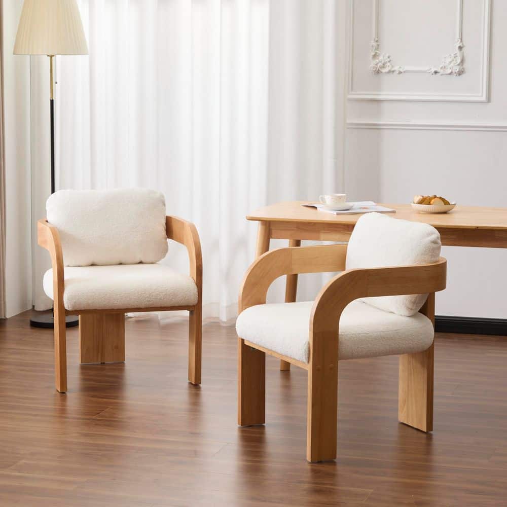 Natural and White Boucle Fabric Upholstered Dining Chair with Pillow Back (Set of 2)