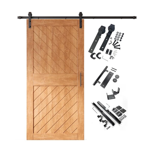 HOMACER XT4 36 in. x 84 in. C-Panel Early American Slanted Stripe Design Solid Pine Wood Sliding Barn Door with Hardware Kit
