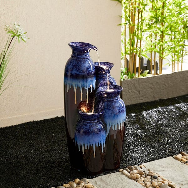 30.75in. H Outdoor 4-Tiered Cobalt Blue, Brown Reactive Glaze Ceramic Vase Water Floor Fountain with Pump and LED Light