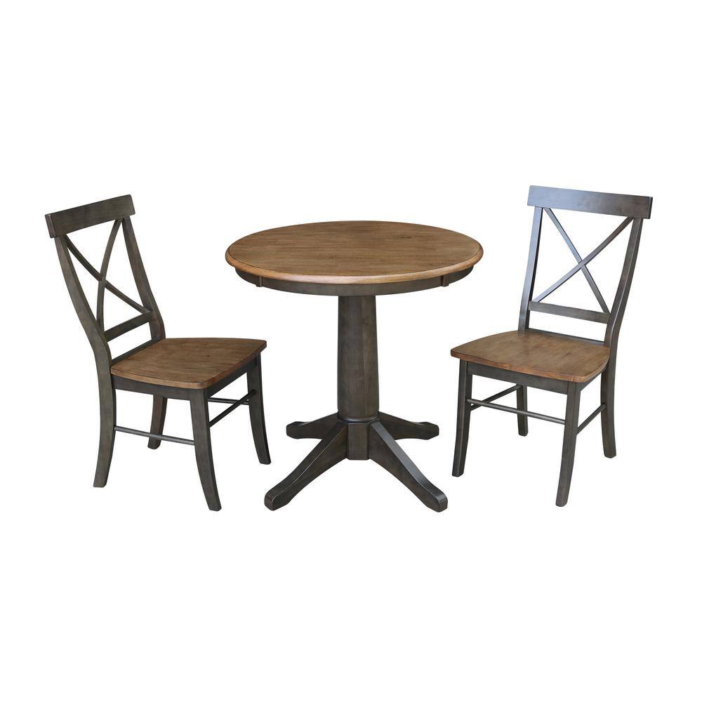 International Concepts Olivia 3-Piece 30 in. Hickory/Coal Round Solid Wood Dining Set with X-Back Chairs, Distressed Hickory/Coal -  K45-30RT-27B-C613-2