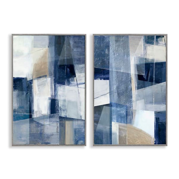 Stupell Industries Blue and Neutral Geometrics by Hannah Dawson 2 Pieces Gray Framed Abstract Giclee Art Print 18 in. x 12 in.