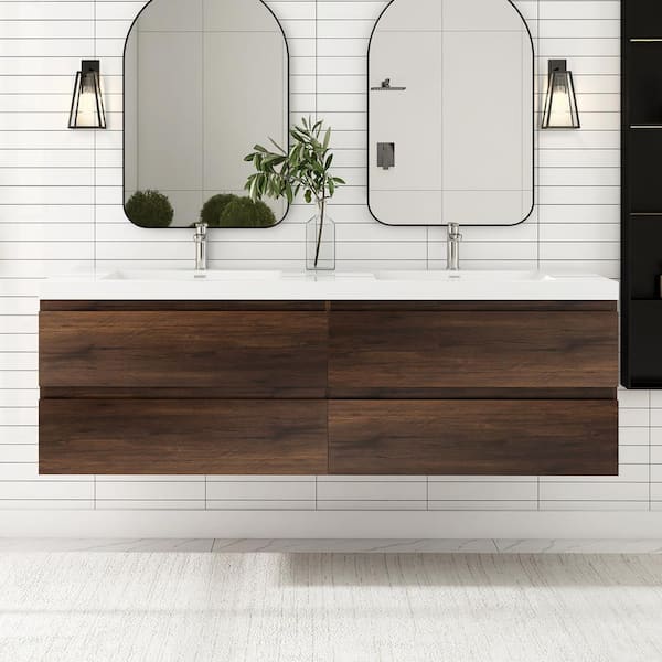Staykiwi 70.9 in. W x 18.9 in. D x 21.7 in. H Double Sinks Wall Mounted Bath Vanity in Rose Wood with White Cultured Marble Top