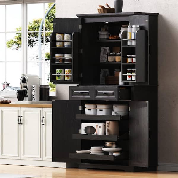 Black 71 in. Tall Accent Storage Cabinet with 3-Pull Out Cabinet Organizers, 6-Door Shelves, 2-Drawers