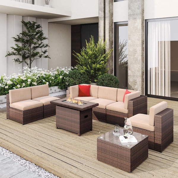Sizzim Brown 8-Piece Wicker Patio Fire Pit Conversation Set, Seating Sofa Set, Beige Cushion and Coffee Table for Small Size