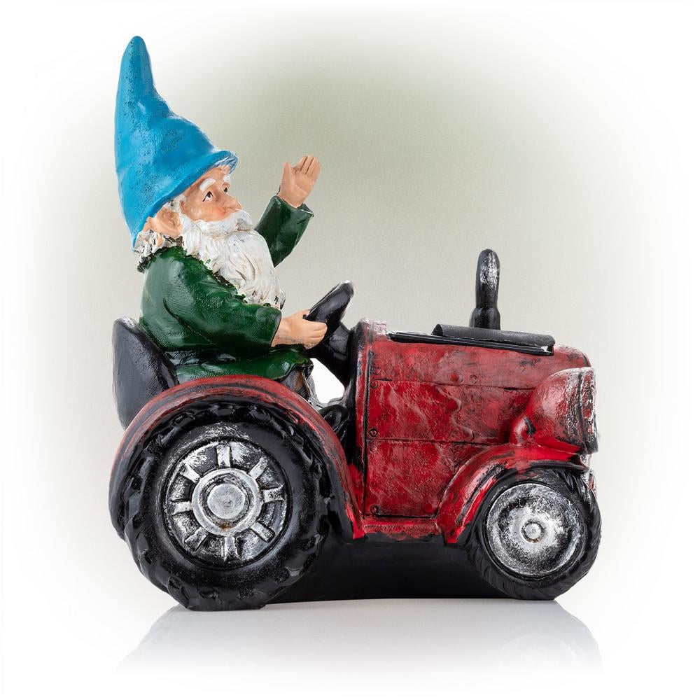 10" Red Polyresin Tractor Riding Gnome with LED Lights