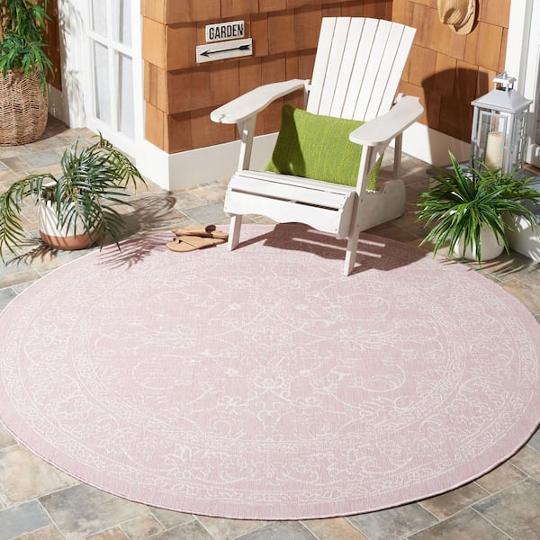 Courtyard Soft Pink/Ivory 7 ft. x 7 ft. Border Floral Scroll Indoor/Outdoor Round Area Rug