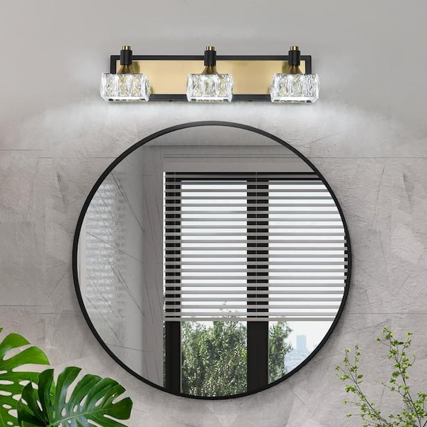 19.69 in. 3-Light Black and Brass Bathroom Vanity Light with Crystal Lampshade Modern Wall Sconce