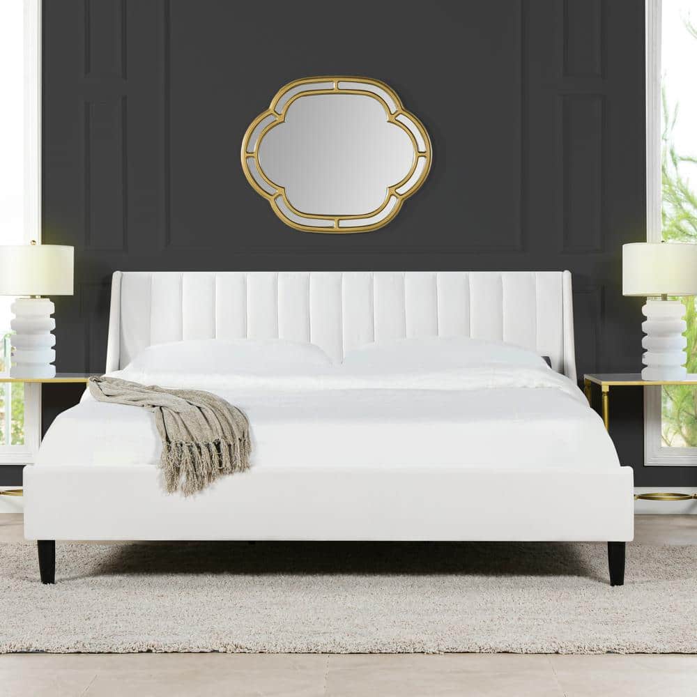 Aspen Cloud White Velvet King Platform Bed with Tufted Headboard