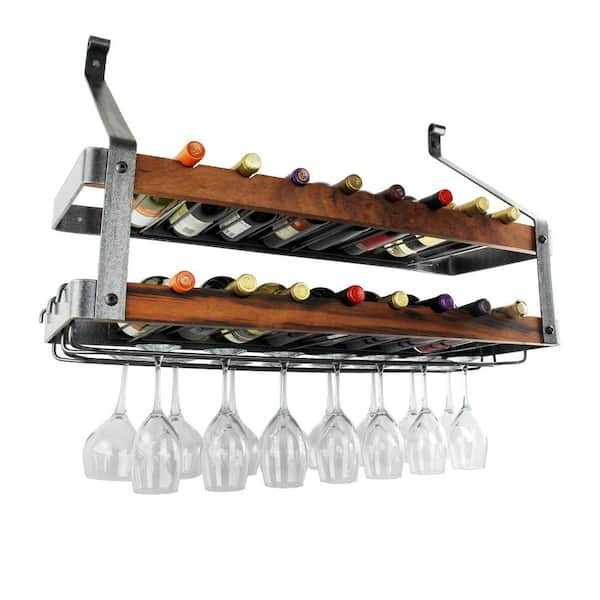 Enclume Signature 36 in. 16-Bottles Bookshelf Double Wine Rack Hammered Steel with Tigerwood