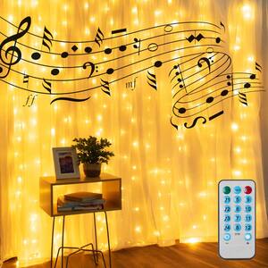 9.8 ft. x 9.8 ft. 300 Warm White LED Music Curtain Lights with USB, 10 Strands, 10 Hooks, Remote Control Included
