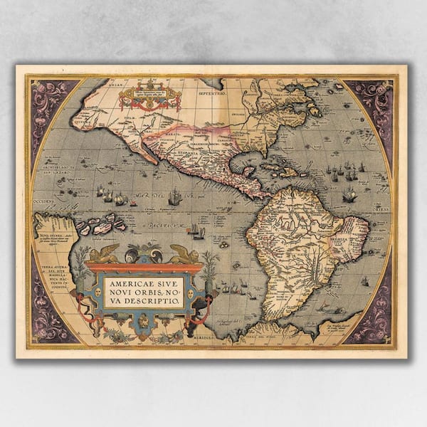 Market Vintage 1598 Map of The Americas Wooden Wall Art