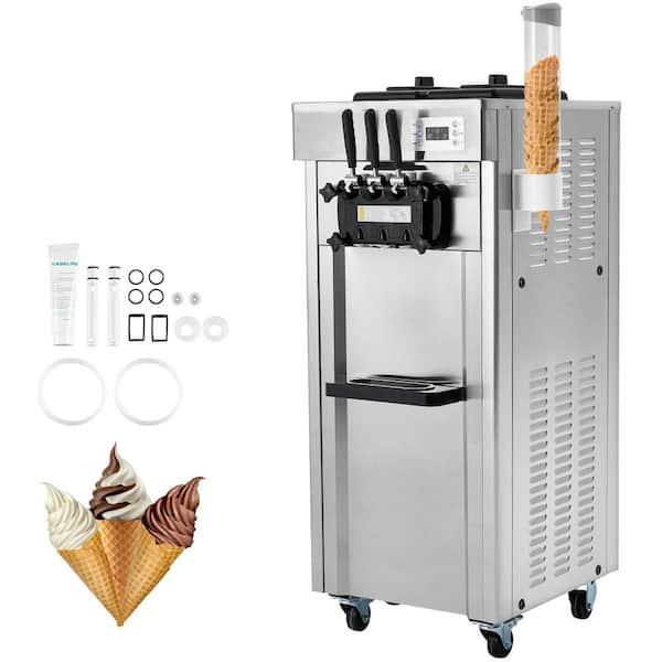 Commercial Soft Ice Cream Machine Silver 3 Flavors 5.3-7.4 Gal. /Hr 4.5 qt. 2200W Auto Clean LCD Panel Ice Cream Maker