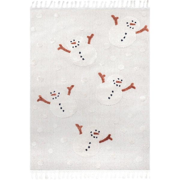 Kilah Snowmen High-Low Kids Tasseled Off White 8 ft. x 11 ft. Area Rug