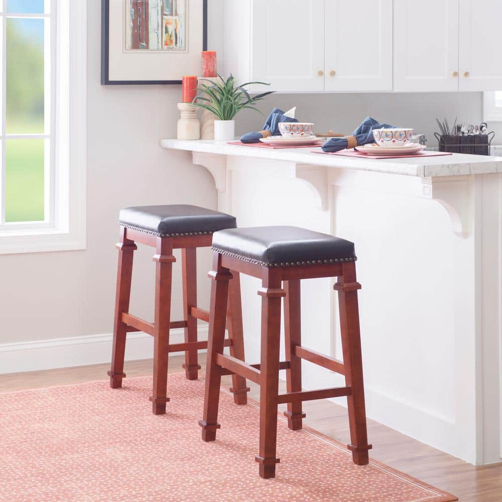 Kennedy Dark Cherry Backless Wood Bar Stool with Black Upholstery