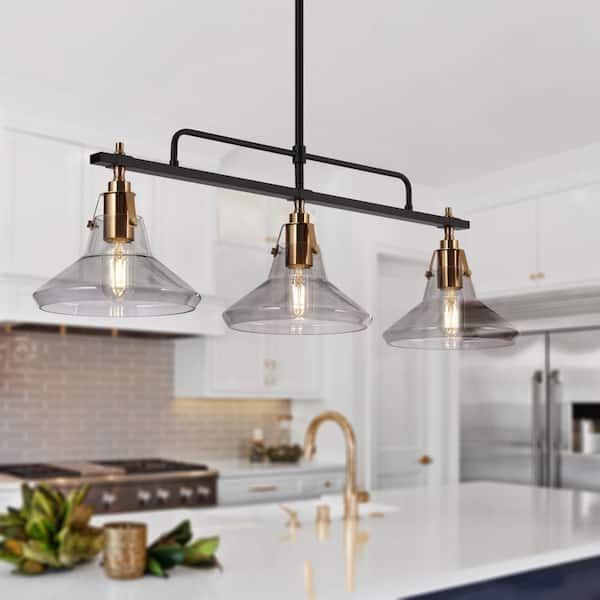 Tencanonia Modern 3-Light Black and Brass Island Lamp with Smoked Glass Shade, 33.5 in. Pendant Light for Dining Room