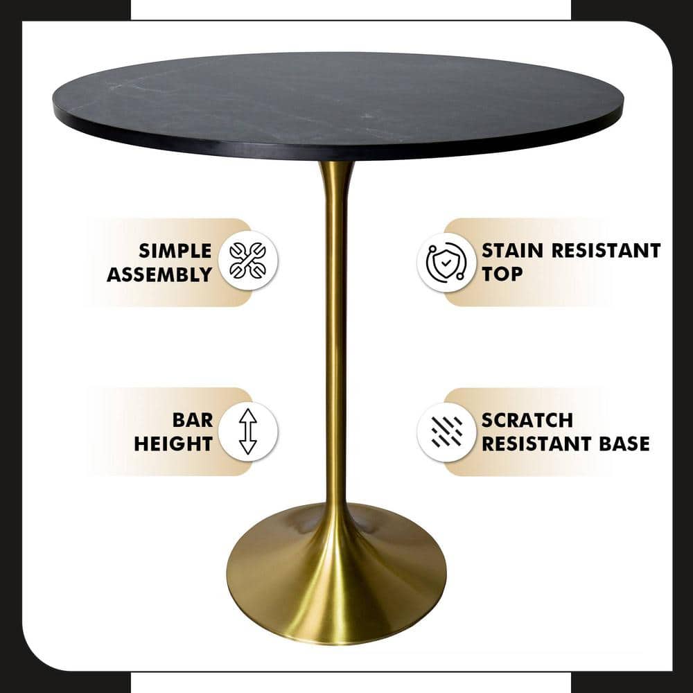Round Black Marbleized MDF Bar Height Table with Gold Pedestal Base