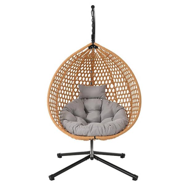 Hanging Egg Chair with Stand, Swing Chair with Gray Cushion-Outdoor Hammock Chair for Balcony, Bedroom, Garden, Patio