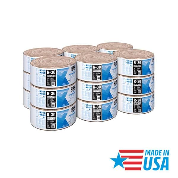 R30 Unfaced 15 in. x 22 ft. Fiberglass Insulation Rolls for Floor, Attic - Class A Fire-Rated and Made in USA (18-Rolls)