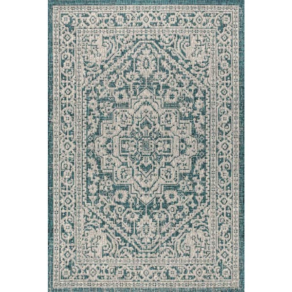 Sinjuri Medallion Textured Weave Teal Blue/Gray 9 ft. x 12 ft. Indoor/Outdoor Area Rug