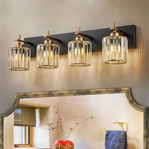 Orillia 28 in. 4-Light Black and Gold Bathroom Vanity Light with Crystal Shade Wall Sconce Over Mirror
