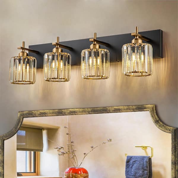 EDISLIVE Orillia 28 in. 4-Light Black and Gold Bathroom Vanity Light with Crystal Shade Wall Sconce Over Mirror