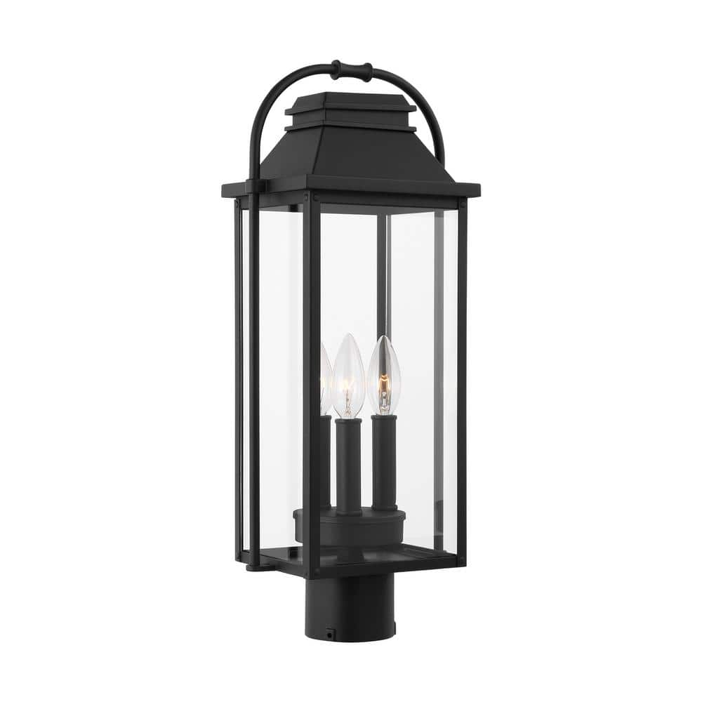 Verdae Black Three-Light Post Lantern with Clear Seeded Glass