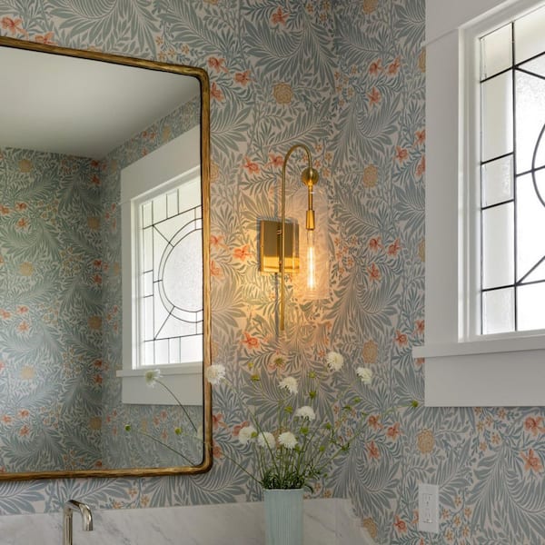 Dvorakova 20.87 in. 1-Light Brass Armed Wall Sconce Bathroom Vanity Light with Clear Glass Shade