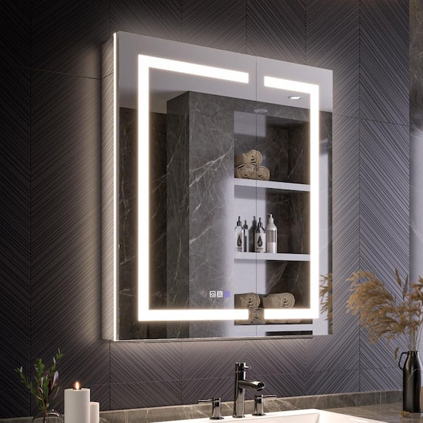 30 in. W x 36 in. H Rectangular Aluminum Recessed/Surface Mount LED Medicine Cabinet with Mirror Dual Outlet, Dual USB