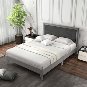 Queen Size Bed Frame Upholstered Platform Velvet Headboard Wooden Slats Gray