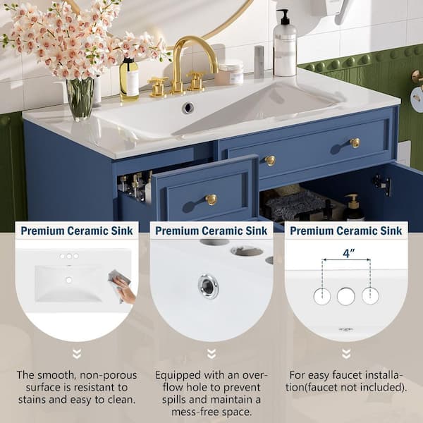 36 in. W Single Sink Bath Vanity in Navy Blue with White Ceramic Top, 2-Drawers and 1-Adjustable Storage Shelf