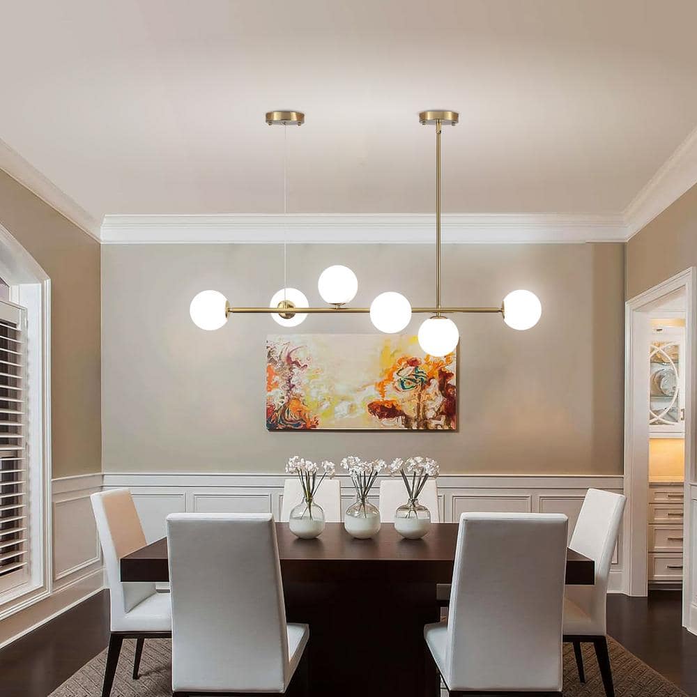 Modern Brass Linear Sputnik Chandelier with Milk Glass Shades