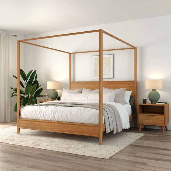 Haven Brown Wood Frame King Canopy Bed with Solid Wood