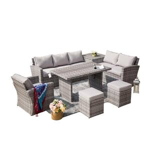 Orson Gray 7-Piece Wicker Outdoor Dining Set with Washed Gray Cushions