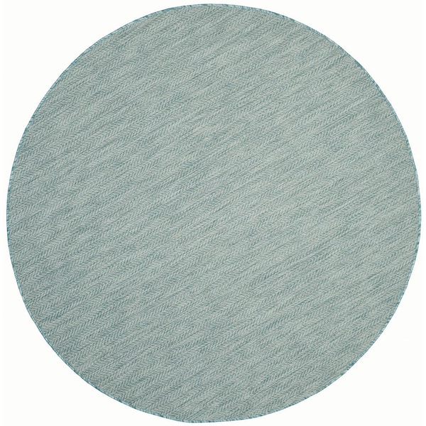 Courtyard Aqua/Gray 8 ft. x 8 ft. Solid Color Chevron Indoor/Outdoor Round Area Rug