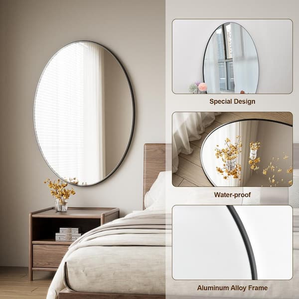 24 in. W x 35.8 in. H Modern Oval Black Aluminum Alloy Framed Bathroom Mirror Wall Mirror